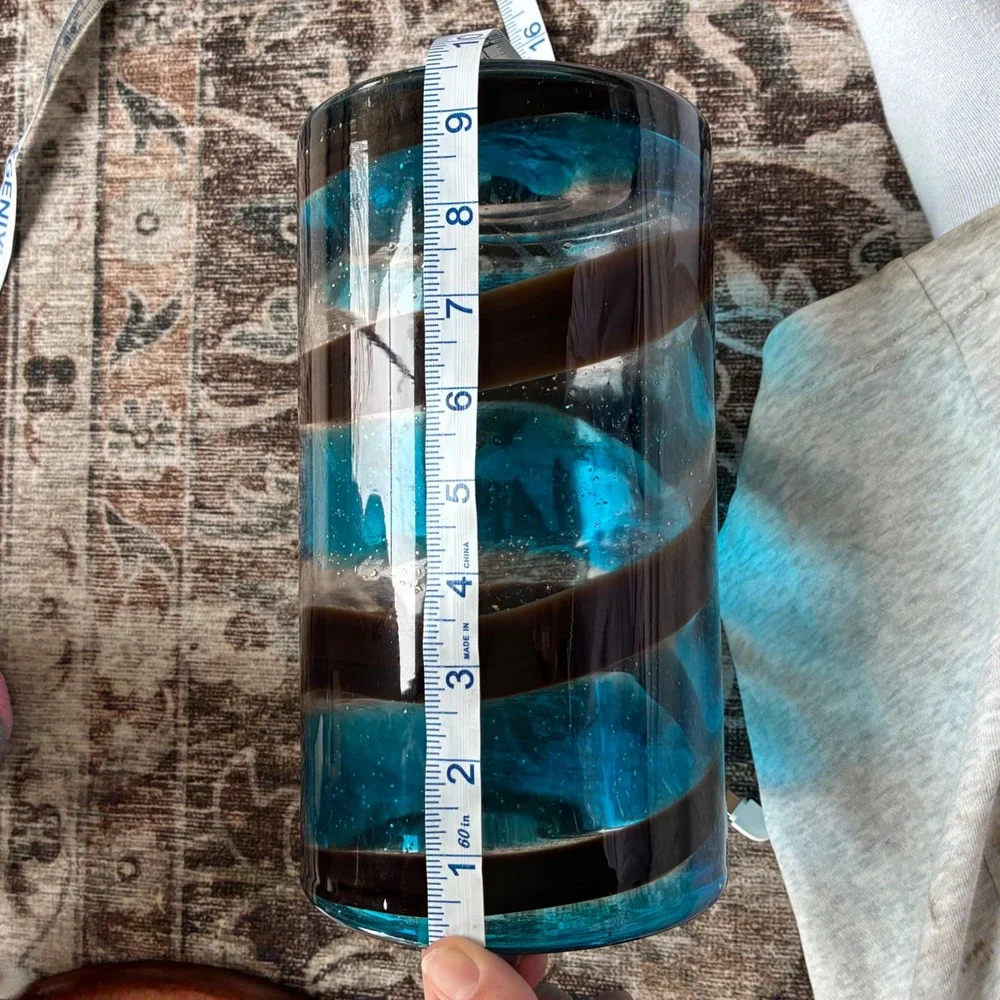 Vintage Murano Style Hand Blown Art Glass Vase Turquoise Blue Brown Swirl 9.5in